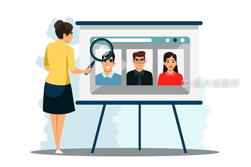 Woman seraching people for recruit in business team. Businesswoman looking for partners on webpage with magnifying glass. Modern development in office metaphor vector illustration